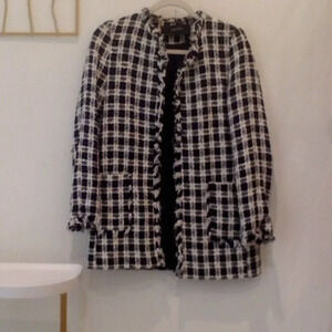 ZARA Tweed Checkered Gingham Fringe Open Blazer S
